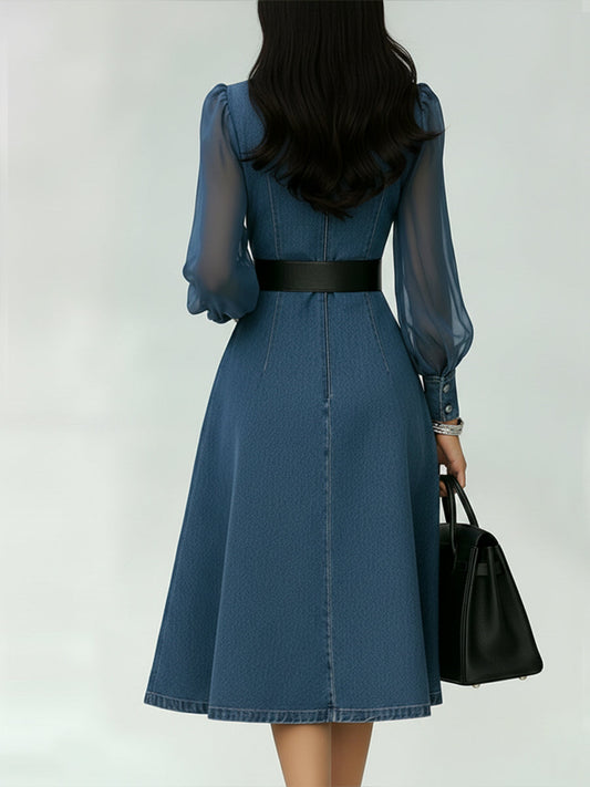 Robe Denim Élégant avec ceinture en Cadeau
