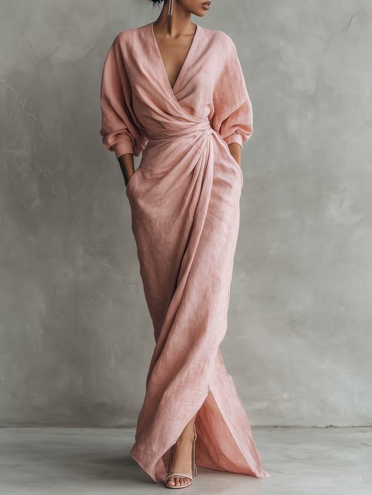 Robe Maxi Rose en Lin à Col V