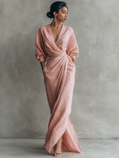 Robe Maxi Rose en Lin à Col V