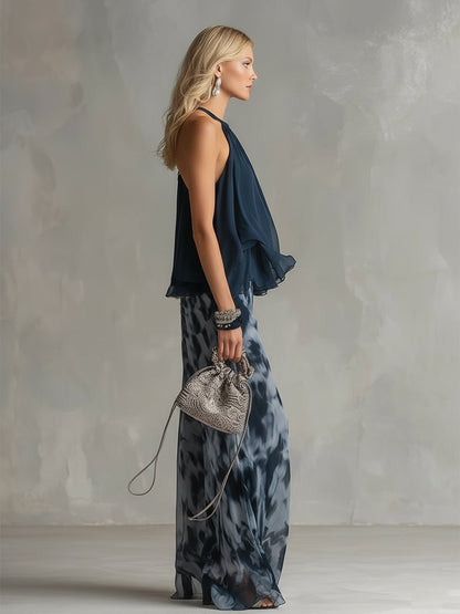 Ludovica - Ensemble Élégant en Chiffon avec Top Col Montant et Pantalon Large Imprimé