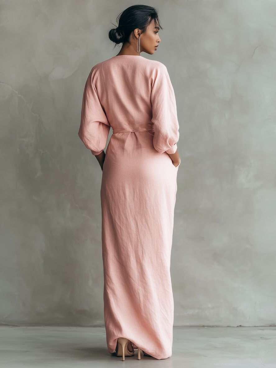 Robe Maxi Rose en Lin à Col V