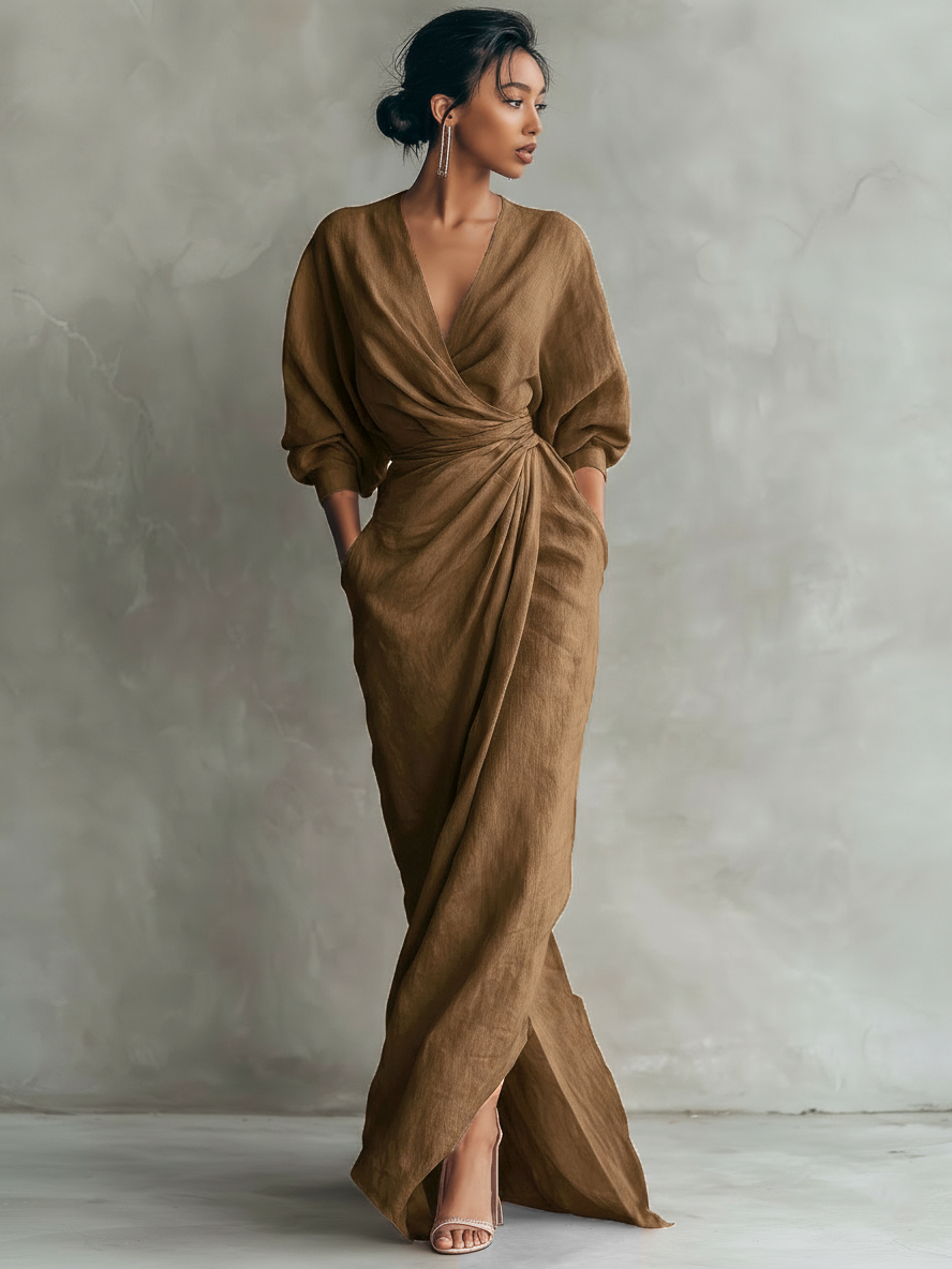 Robe Maxi Rose en Lin à Col V