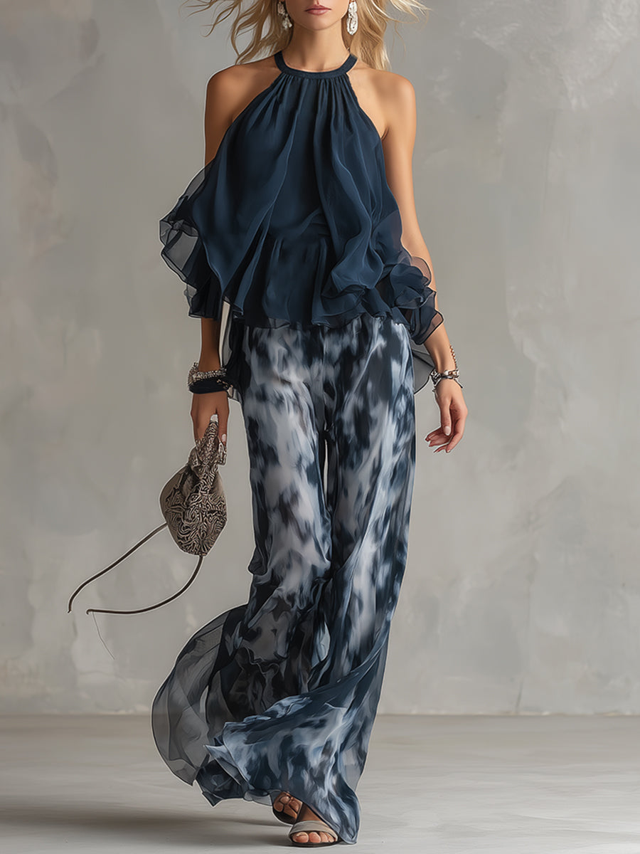 Ludovica - Ensemble Élégant en Chiffon avec Top Col Montant et Pantalon Large Imprimé