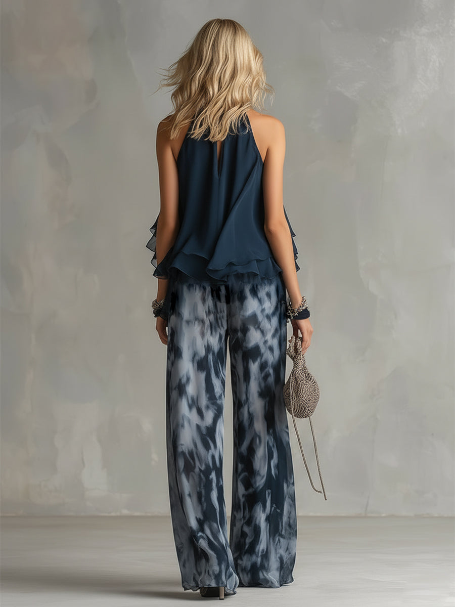 Ludovica - Ensemble Élégant en Chiffon avec Top Col Montant et Pantalon Large Imprimé