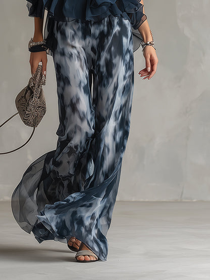 Ludovica - Ensemble Élégant en Chiffon avec Top Col Montant et Pantalon Large Imprimé