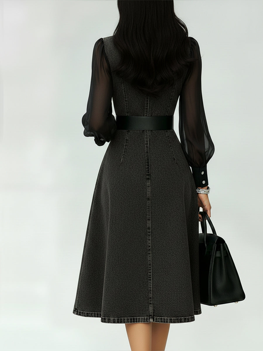 Robe Denim Élégant avec ceinture en Cadeau
