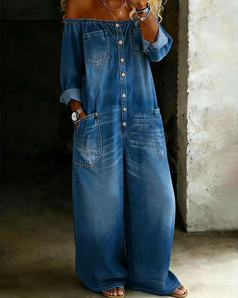 Combinaison en Denim Avec Épaules Découvertes et Pantalon à Patte
