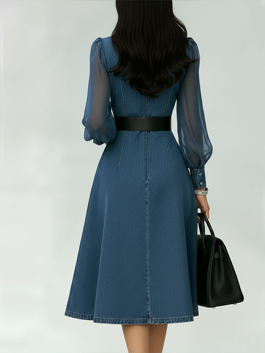 Robe Denim Élégant avec ceinture en Cadeau