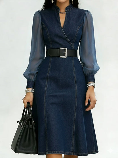 Robe Denim Élégant avec ceinture en Cadeau